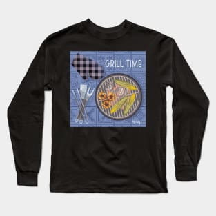 Grill Time on Blue Background Long Sleeve T-Shirt